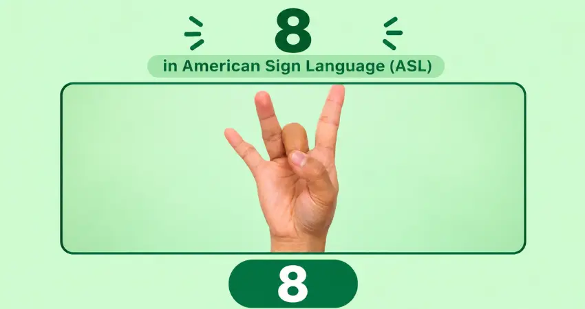 Number 8 in American Sign Language (ASL): thumb touching the middle finger, index, ring and pinky fingers extended