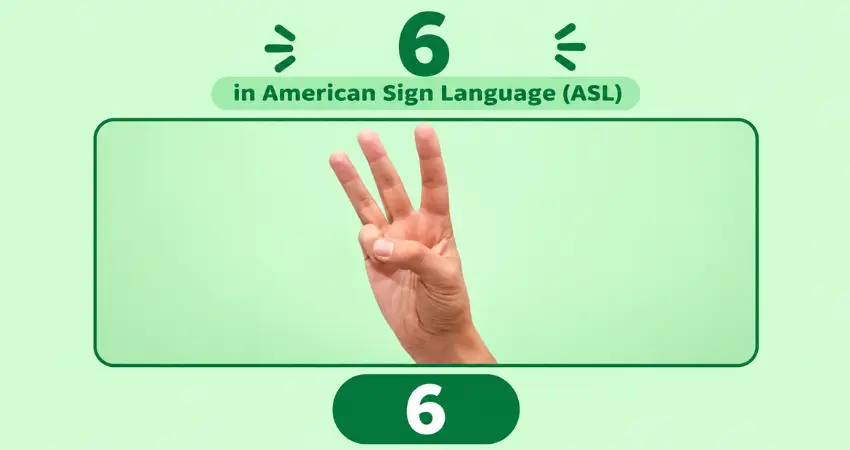 Number 6 in American Sign Language (ASL): thumb touching the pinky finger, index, middle and ring fingers raised