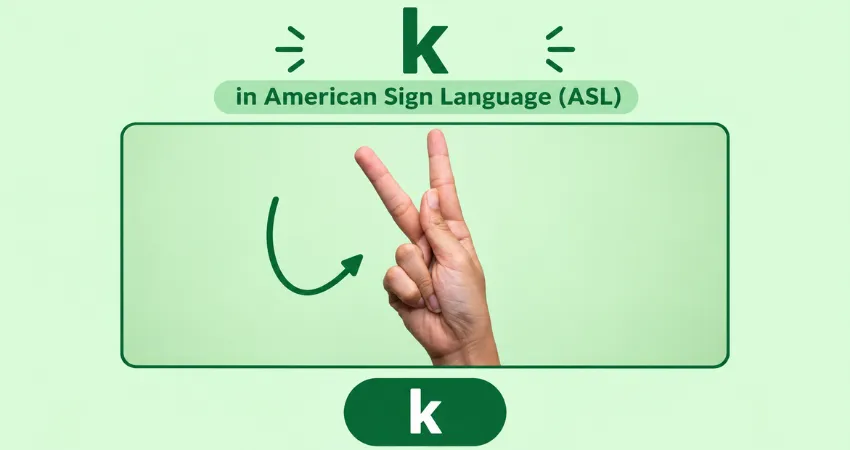Letter K in American Sign Language (ASL) hand sign - index and middle fingers up, thumb between them