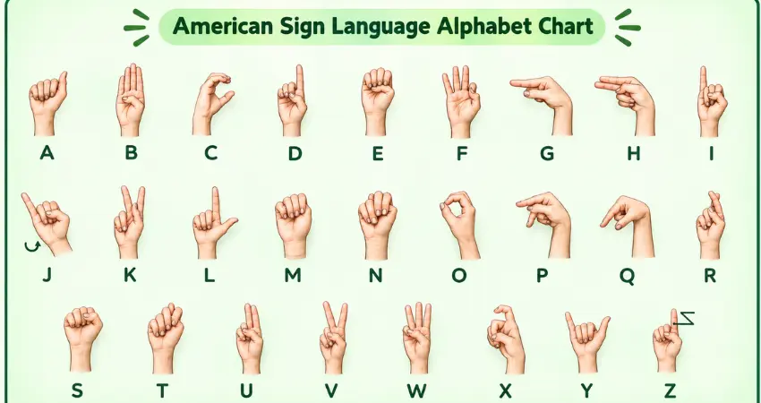 American Sign Language (ASL) alphabet chart showing hand signs for all 26 letters A to Z