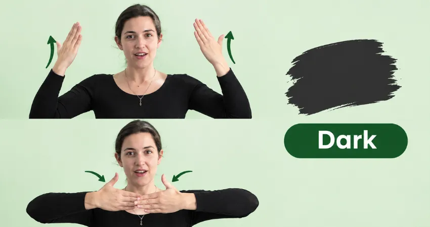 Woman in black top shows the ASL sign for dark: hands raised by the face, then lowered and crossed in front of her.