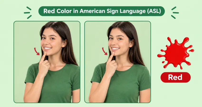Smiling woman in a green shirt shows the ASL sign for red by brushing her index finger down her lip and chin.