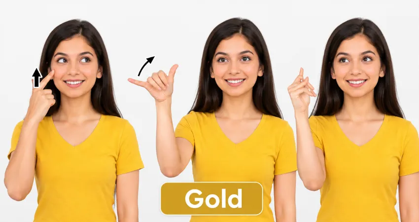 Woman in a yellow shirt demonstrates the ASL sign for gold, touching her ear then shaking a Y handshape outward.