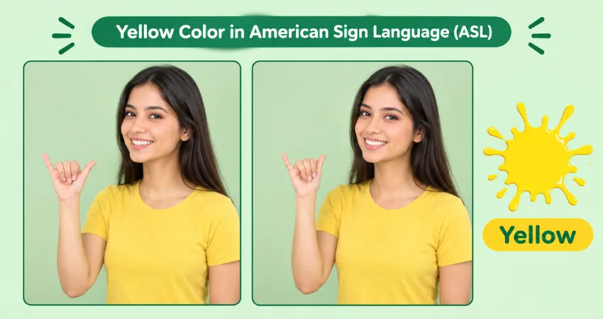 Smiling woman in a yellow shirt shows the ASL sign for yellow by shaking a Y handshape with thumb and pinky out.