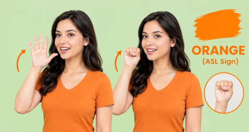 Orange ASL sign tutorial: woman in orange tee opens then closes her hand near her mouth, with a fist close-up inset.