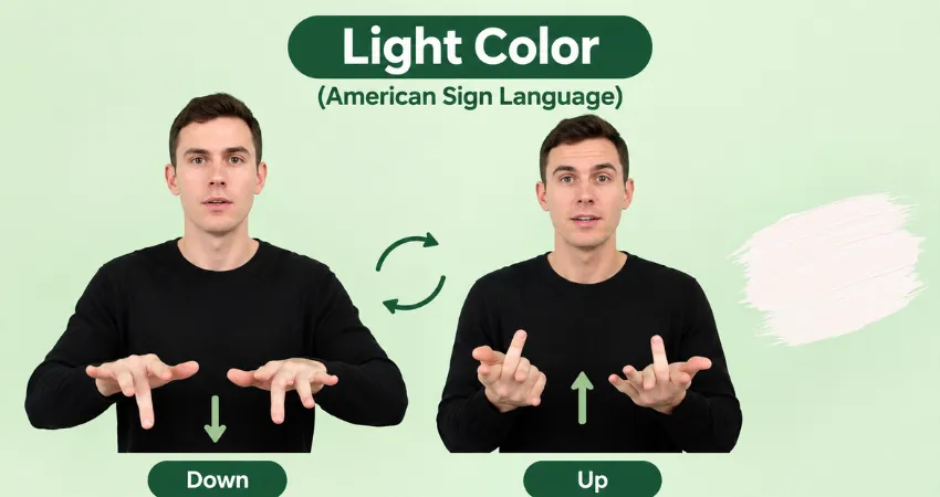 Man in a black sweater shows the ASL sign for light color, with fingers pointing down then flicking up in a loop.