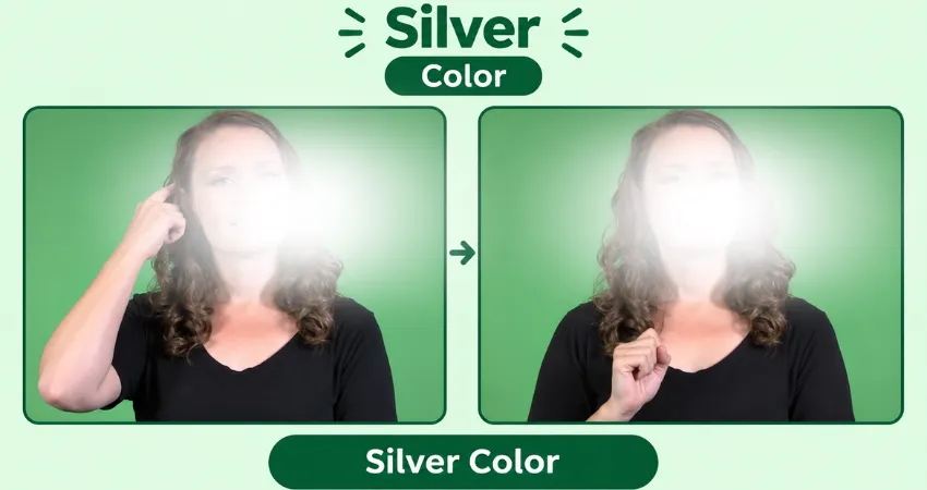 Woman signs silver in ASL, touching her temple with a finger, then lowering a fist to her chest on a green background.