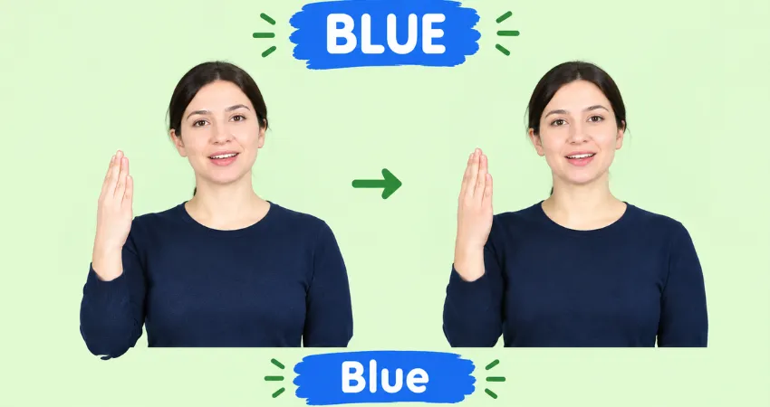 Woman in a navy sweater demonstrates the ASL sign for blue by shaking an upright flat hand with fingers together.