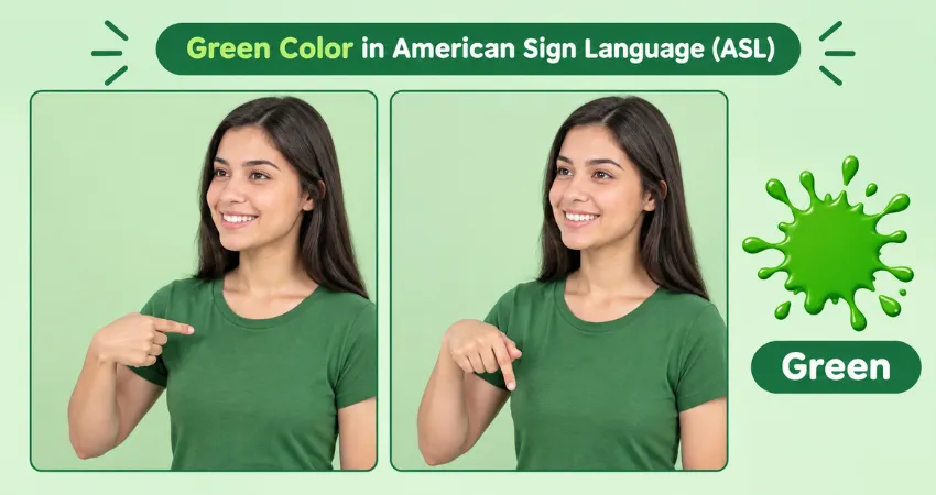 Smiling woman in a green t-shirt demonstrates how to sign the color green in American Sign Language (ASL).