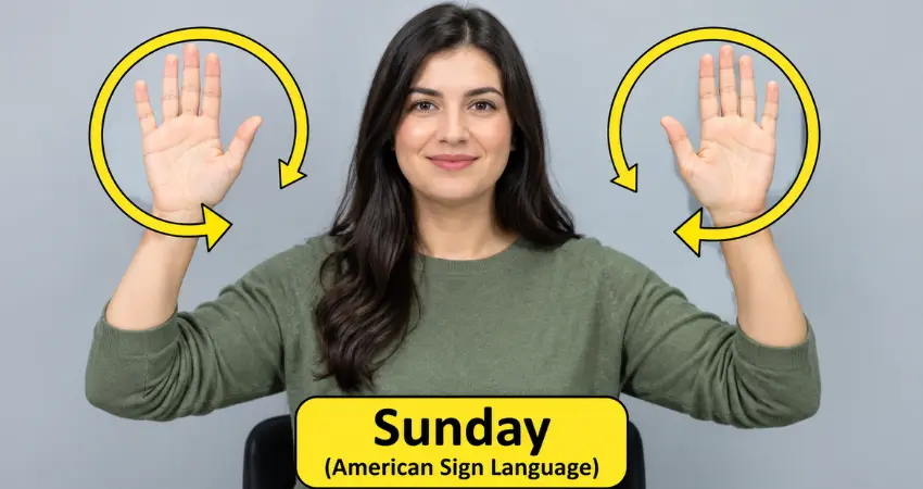 Woman signing Sunday in ASL with both open palms making outward circles