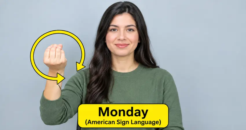 Woman signing Monday in ASL with an M handshape moving in a circle