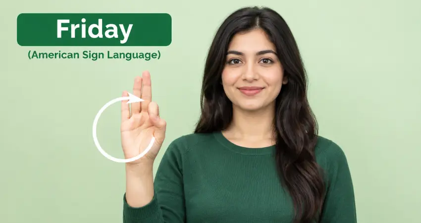 Woman signing Friday in ASL with an F handshape circling