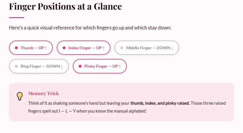 I love you in sign language finger positions: thumb up, index finger up, middle finger down, ring finger down, pinky up
