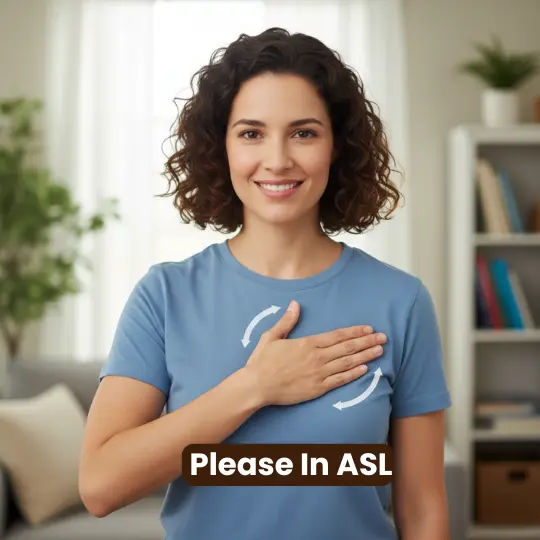 Woman demonstrating Please in ASL by rubbing flat hand in circles on chest with motion arrows