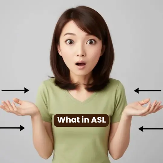 Woman demonstrating What in ASL sign language with both palms up and surprised facial expression