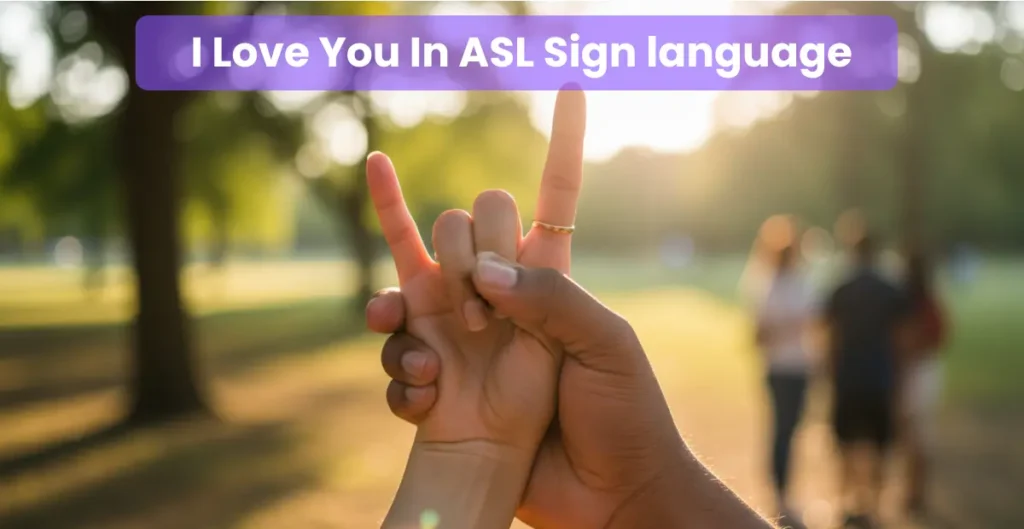 Person signing I Love You in ASL sign language outdoors in a sunny park with raised index and pinky
