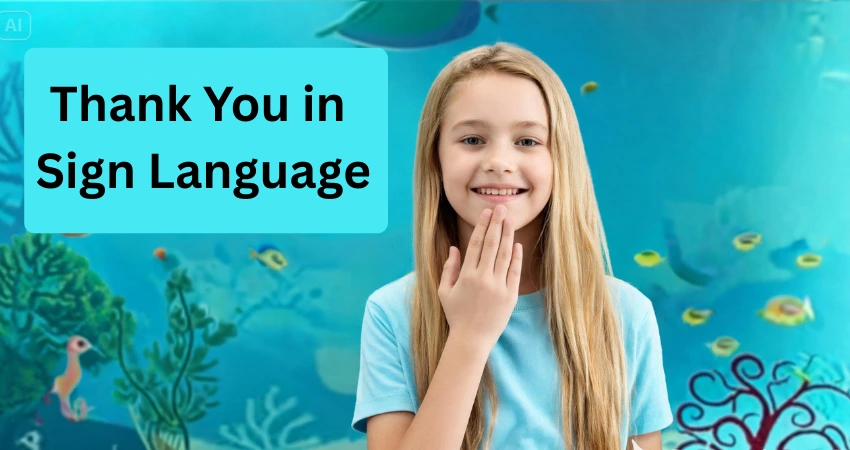 Young girl showing Thank You sign language gesture ASL hand sign near lips for kids learning