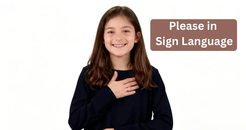 Child demonstrating 'please' in sign language by placing flat hand on chest, smiling.