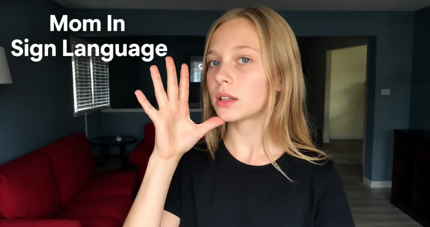 Woman demonstrating the ASL sign for 'Mom' with open hand near chin, text reads Mom In Sign Language