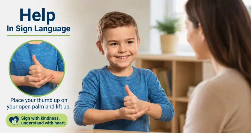 Boy demonstrating ASL sign for 'help' with thumbs-up on open palm, woman watching and learning gesture