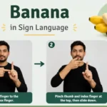 Man demonstrates two-step ASL sign for banana: point index fingers together, then pinch and slide down.