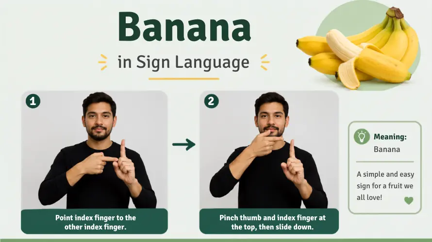 Man demonstrates two-step ASL sign for banana: point index fingers together, then pinch and slide down.