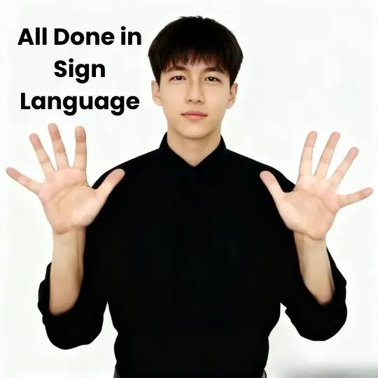 Man signing All Done in ASL with both open palms facing outward at chest level