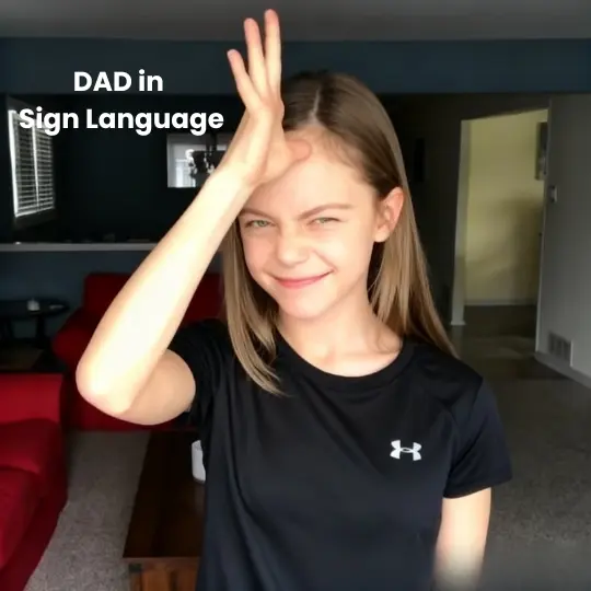 Girl demonstrating DAD in American Sign Language with open hand raised to forehead