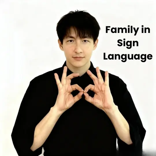 Person showing Family sign in ASL forming F-handshapes in a circle with both hands