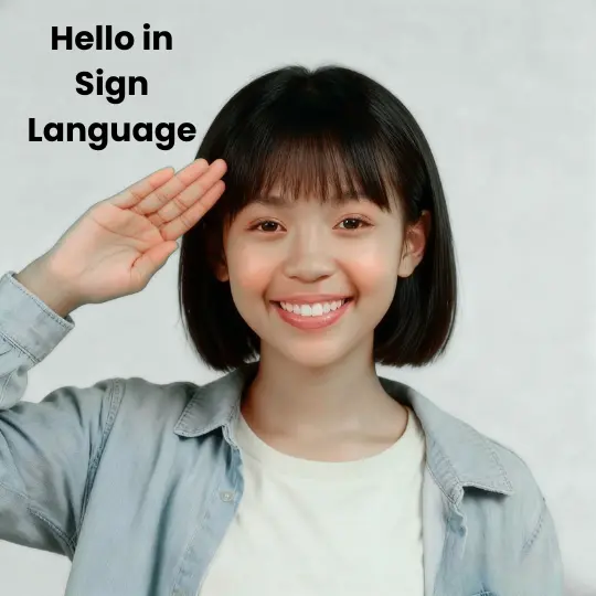 Smiling girl demonstrating Hello in ASL with flat hand salute moving away from forehead