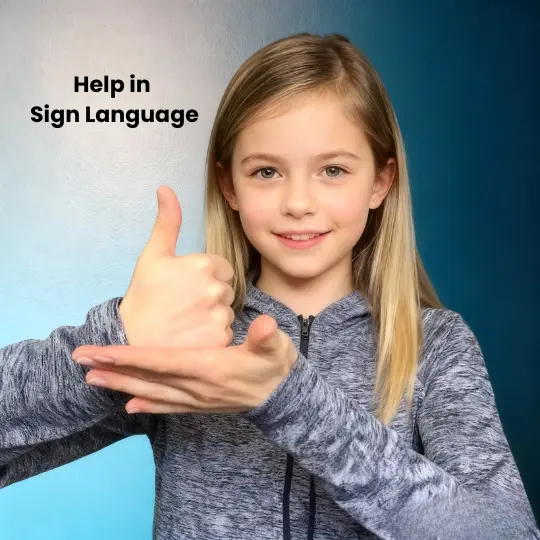 Girl showing HELP sign in ASL with thumbs-up hand resting on open flat palm