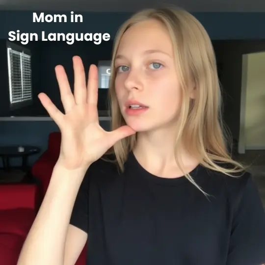 Teen girl signing MOM in American Sign Language with open hand thumb touching chin