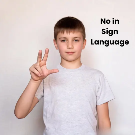 Boy showing No sign in American Sign Language ASL with index and middle fingers tapping thumb