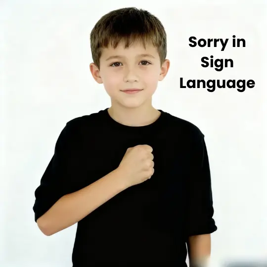 Child demonstrating Sorry in ASL with closed fist making circular motion on chest