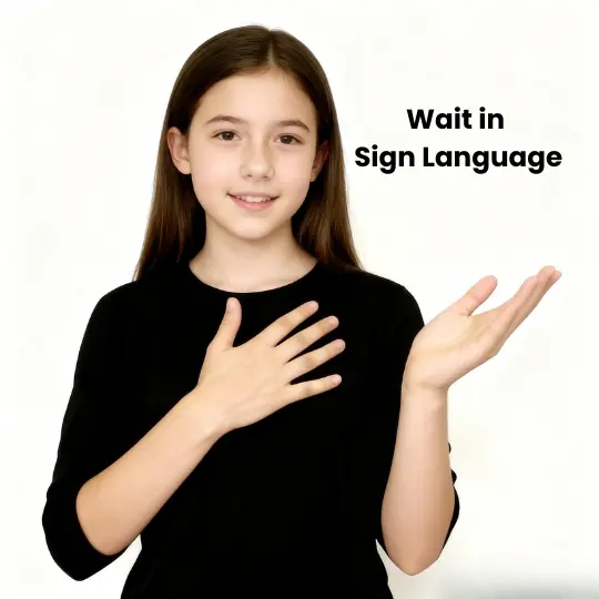 Girl showing WAIT in ASL with one hand on chest and other hand open palm facing up